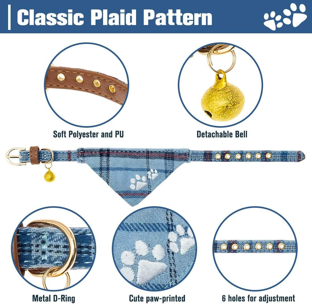 expawlorer-puppy-collar-and-leash-set-embroidery-pawprints-plaid-dog-collar-and-dog-leash-set-bow-tie-and-bandana-dog-collar-with-bell-cute-collar-and-leash-for-dogs-cats-outdoor-walking-blue-s