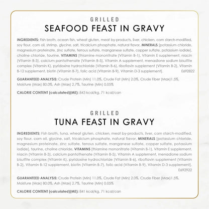 Grilled seafood and tuna feast in gravy pet food labels with ingredients and nutrition details6