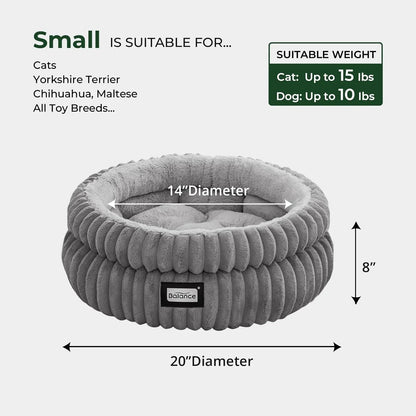 Small gray plush pet bed for cats and small dogs, 20-inch diameter, cozy corduroy design, suitable for toy breeds up to 15 lbs.5