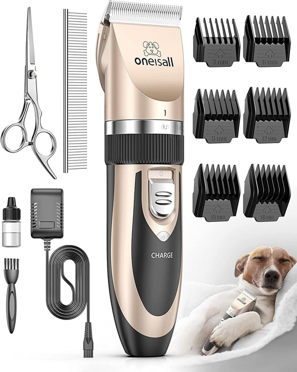 Oneisall Dog Clippers Grooming Kit for Dogs Cats Pets | Low Noise, Rechargeable Cordless, Long Battery Life, Simple for Beginners, 6 Guide Combs, Removable & Rinsable Blade1