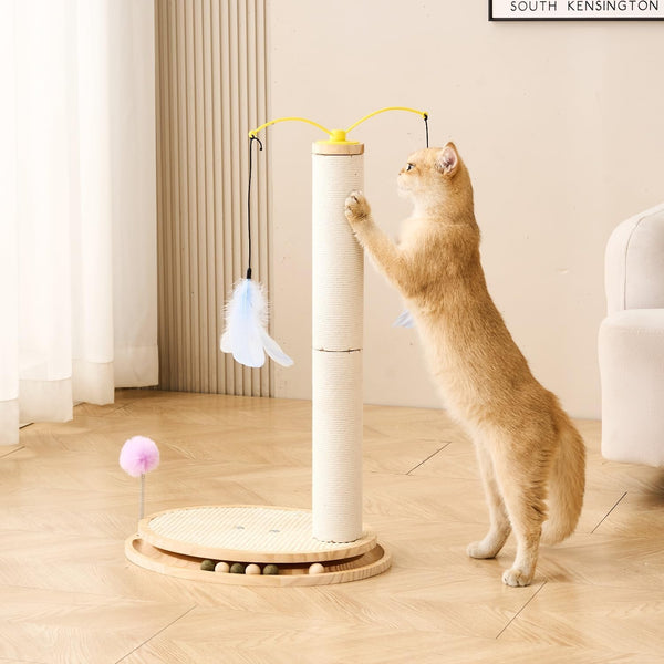 SHENGOCASE Cat Tree Scratching Post Scratcher, 26 Inch Tall, Solid Wood Base,Sisal Rope, Interactive Ball Track and Spinning Wand Feather Toys, Scratch Pad1