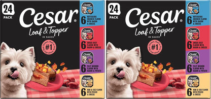Cesar Loaf & Topper Wet Dog Food, Variety Pack, 3.5 Oz, 24 Count | Real Meat #1 Ingredient, No Fillers or Artificial Flavors, Easy-To-Digest, Slow-Cooked Tender Texture, Easy Peel Trays15
