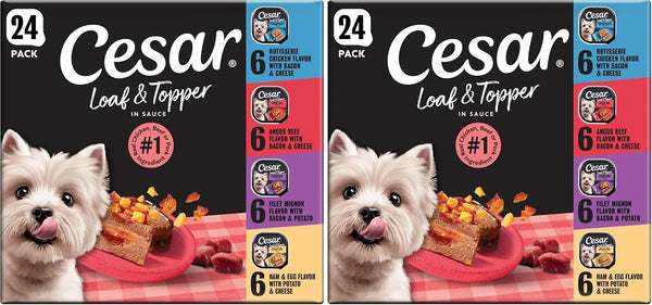 Cesar Loaf & Topper Wet Dog Food, Variety Pack, 3.5 Oz, 24 Count | Real Meat #1 Ingredient, No Fillers or Artificial Flavors, Easy-To-Digest, Slow-Cooked Tender Texture, Easy Peel Trays15