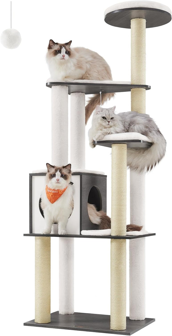 Feandrea Cat Tree, 64.6-Inch Modern Cat Tower, Multi-Level Condo with 5 Scratching Posts, Perch, Washable Removable Cushions, Cave, Rustic Brown UPCT166X0112