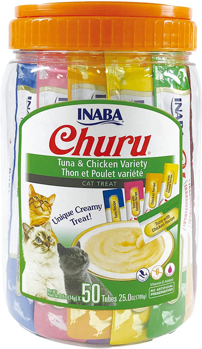 INABA Churu Cat Treats, Grain-Free, Lickable, Squeezable Creamy Purée Cat Treat/Topper with Vitamin E & Taurine, 0.5 Ounces Each Tube, 50 Tubes, Chicken Variety10