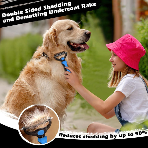 Professional 3PCS Self Cleaning Slicker Brush & Pet Grooming Rake & Flea Comb for Dogs,Cats and Horses | Double-Sided Dematting Comb & Skin Friendly Deshedding Grooming Tool | Pet Supplies (Blue)3