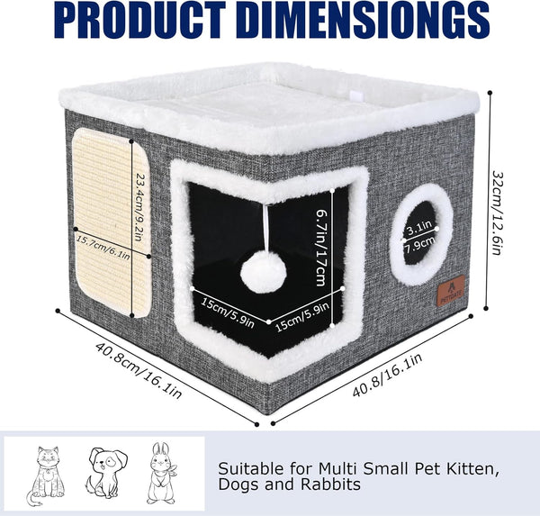 Cat Beds for Indoor Cats, Large Cat Cave Bed with Scratch Pad and Fluffy Ball, Foldable Cat Hideaway, Cat House with Reversible Cushion for Multi Small Pet up to 30LBS, Grey2