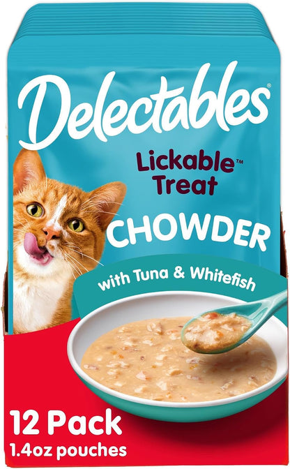 Delectables Lickable Treat Chowder Wet Cat Treat with Real Tuna & Chicken, Food Topper, Hydrating, Grain-Free, No Fillers, By-Products, Added Preservatives, 1.4Oz Pouch, 12Ct15