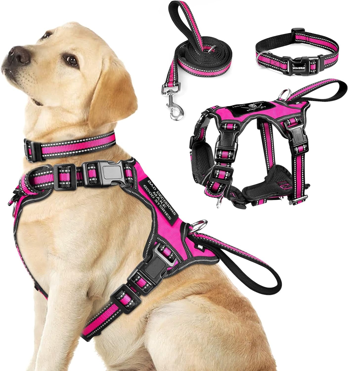 winsee-pet-harness-collar-and-leash-set-all-in-one-reflective-dog-harness-no-pull-with-adjustable-buckles-for-puppies-small-medium-large-and-extra-large-dogs-large-pink