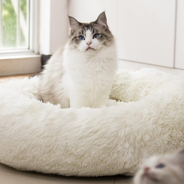 Anti Anxiety round Fluffy Plush Faux Fur Warm Washable Dog Bed & Cat Bed, Original Bed for Small Medium Large Pets,Used to Relieve Joints and Improve Sleep（20"/24"/27''） (24", Light Grey)8