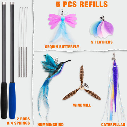 JXFUKAL 2025 Latest Cat Toys, 2 in 1 Spring Cat Wand Toy with 2PCS Ultra-Long Cat Teaser, 4PCS Spring Steel Wire & 5PCS Feather Refills for Kitty Kitten Indoor Cats Accessories6