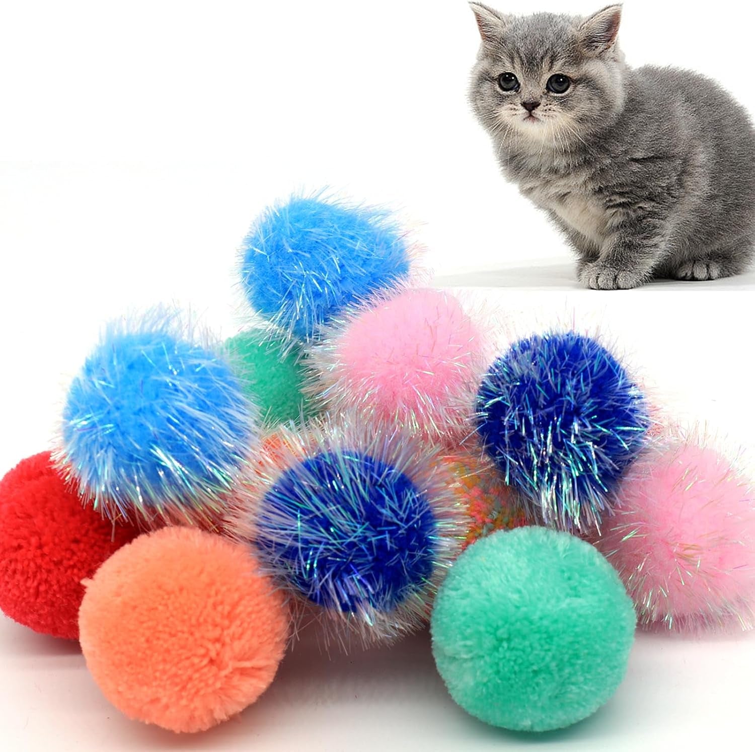 14-pack-cat-toys-balls-no-bells-quiet-interactive-toys-soft-pom-poms-sparkle-balls-for-kittens-adult-cats-safe-for-batting-chasing-7-sparkle-fuzzy-balls-7-yarn-balls