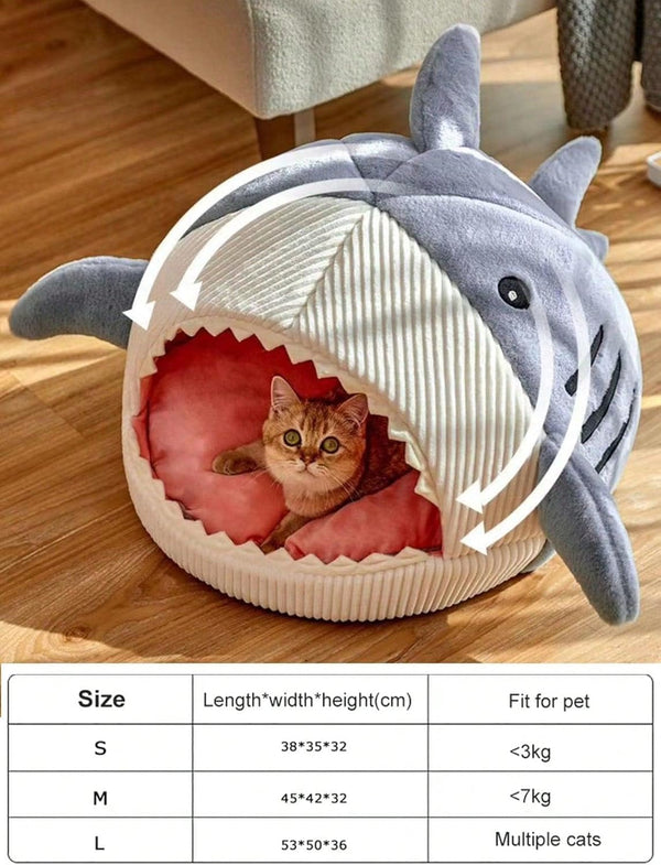 QWINEE Cat Mat Shark-Shaped Kennel Kitten Bed Hideout House Warm Soft Comfortable Semi-Closed Cat Dog Nest Blue S6