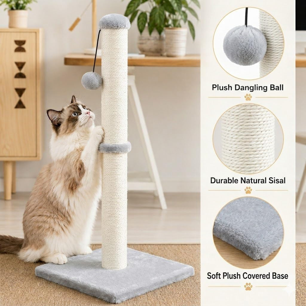 dimaka-29-height-tall-cat-scratching-post-claw-scratcher-with-sisal-rope-and-covered-with-soft-smooth-plush-vertical-scratch-full-strectch-for-standard-size-catsgrey-29-inches-for-all-cats