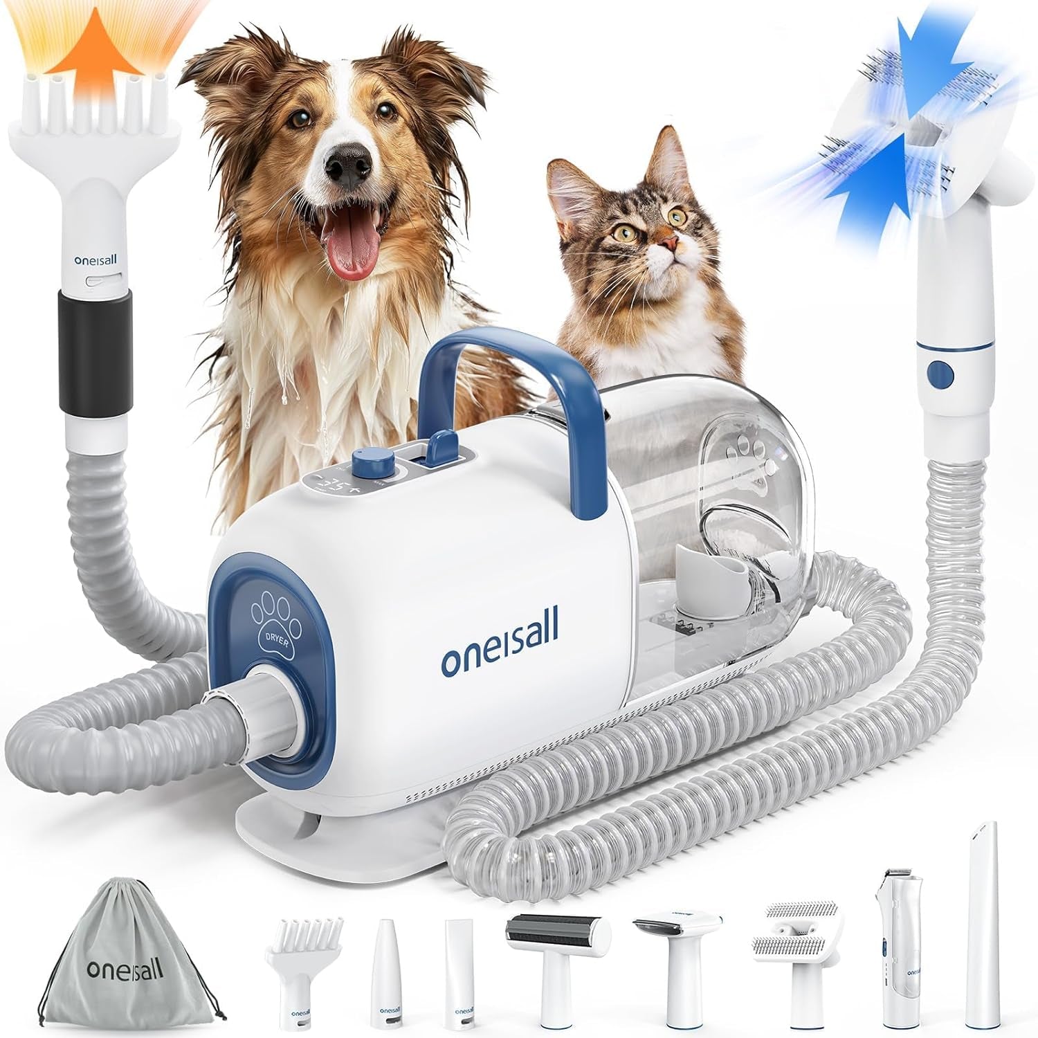 oneisall-8-in-1-dog-grooming-vacuum-dryer-for-shedding-drying-trimming-vacuum-blower-metal-blade-pet-clippers-adjustable-7-temp-3-air-levels-all-in-one-dog-grooming-kit-storage-bag
