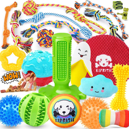 KIPRITII 25 Pack Various Dog Toys Set – Ideal for Teething, Entertainment & Interactive Play, Includes Puppy Toys, Rope Toys, Treat Balls and Squeaky Dog Toys1