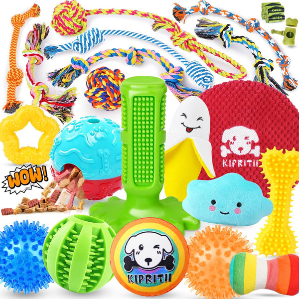 KIPRITII 25 Pack Various Dog Toys Set – Ideal for Teething, Entertainment & Interactive Play, Includes Puppy Toys, Rope Toys, Treat Balls and Squeaky Dog Toys1