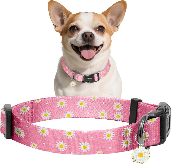Kazazoo Dog Collar Cute and Soft Nylon Puppy Collar Girl Dogs, Adjustable Purple Dog Collars for Medium Dogs, Purple Flowers-M17