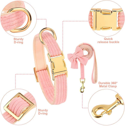 Dog Collar and Leash Set with Bowtie, Soft & Cute Puppy Collar, Cotton Puppy Collar with Adjustable Metal Buckle for Small, Medium Dog (Pink, Size S: Neck 10"-16")2