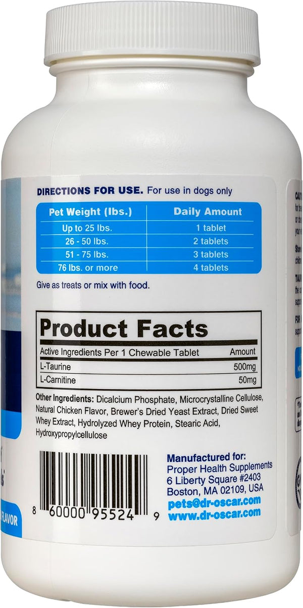 Taurine Supplement for Dogs Meets RDA of 500 Mg per 25Lbs Weight unlike Most Alternatives, 120Ct, Helps Maintain Dog Heart Health, Normal Function of the Cardiac Muscle & Normal Blood Flow2