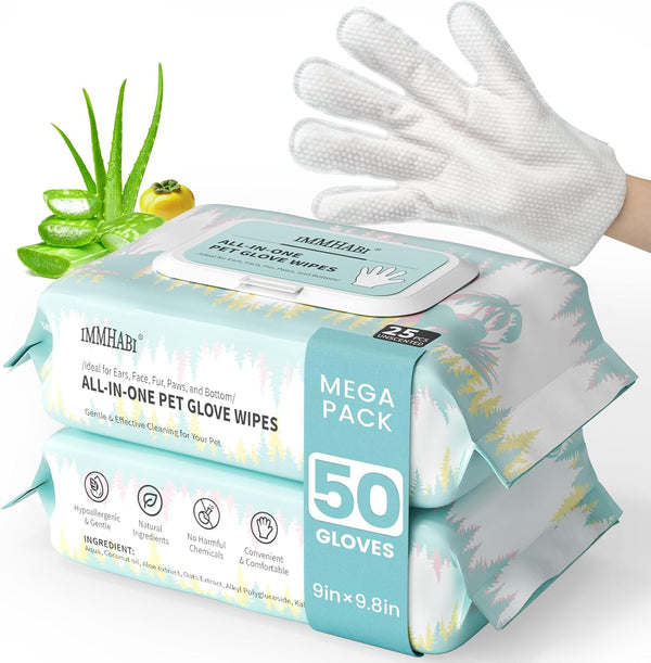 IMMHABI 50 Count Cleaning Deodorizing Pet Glove Wipes for Dogs & Cats, Hypoallergenic Dog Bath Wipes with Natural Deodorizer Persimmon Tannin, Pet Bathing Wipes for Horse Coat Care Coconut Scent7