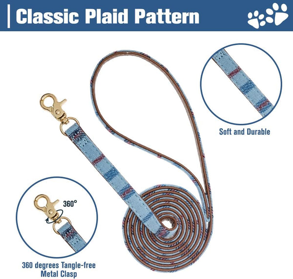 EXPAWLORER Puppy Collar and Leash Set - Embroidery Pawprints Plaid Dog Collar and Dog Leash Set, Bow Tie and Bandana Dog Collar with Bell, Cute Collar and Leash for Dogs Cats Outdoor Walking, Blue S3