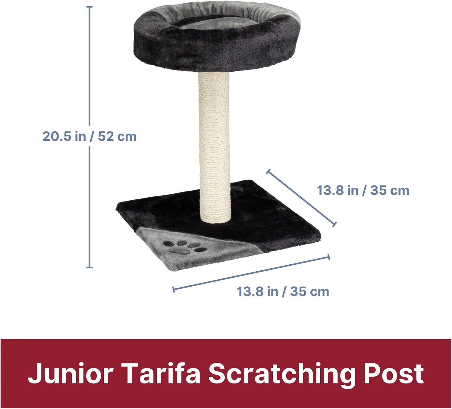 trixie-tarifa-cat-scratching-post-20-5-inch-cat-scratcher-with-soft-fabric-covering-base-and-durable-sisal-rope-with-padded-platform-in-gray-black