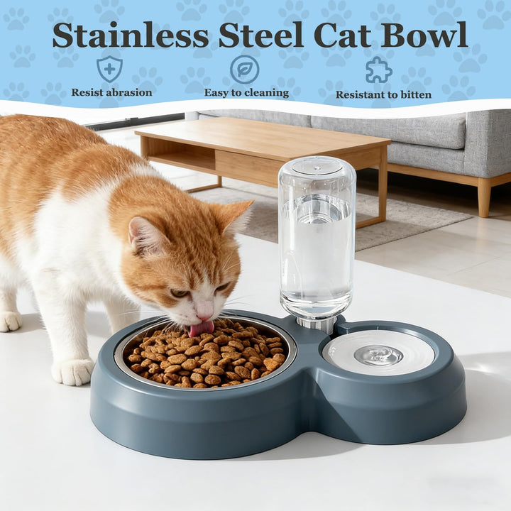 Double Dog Cat Bowls, Pets Food and Water Bowl Set with Silicone Mat | Pets Food and Water Bowl Set with Automatic Water Dispenser Stainless Steel Bowl, Gravity Feeder for Cats Small Dogs Puppies+2