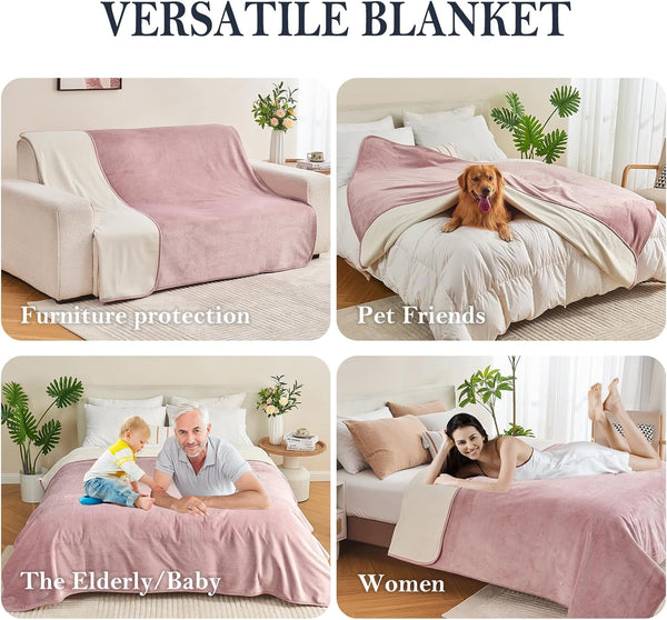 Waterproof Blanket 60"X80" for Adults, Reversible Waterproof Bed Cover for Dogs Cats Pets, Soft Leakproof Blanket for Bed Couch Sofa Furniture Protector, Dusty Pink/Off White3