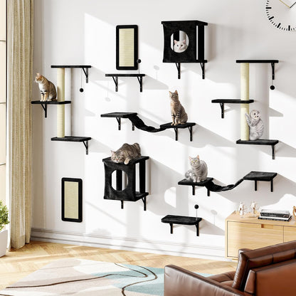 NUNU LAB Wall Mounted Cat Furniture Set - 6 Pcs Climber Set with House, Bridge, Steps, Scratcher Board - DIY Walls Playground, Indoor Cat Shelves - Gray18
