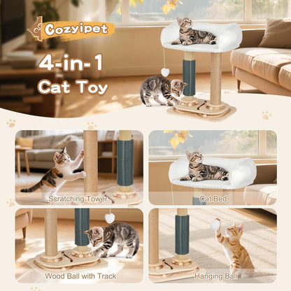 Cat Scratching Post with Bed, 4-In-1 Small Cat Tree Tower | Sisal Scratcher, Elevated Washable Bed, Track Ball Toy, Built-In Self-Groomer2