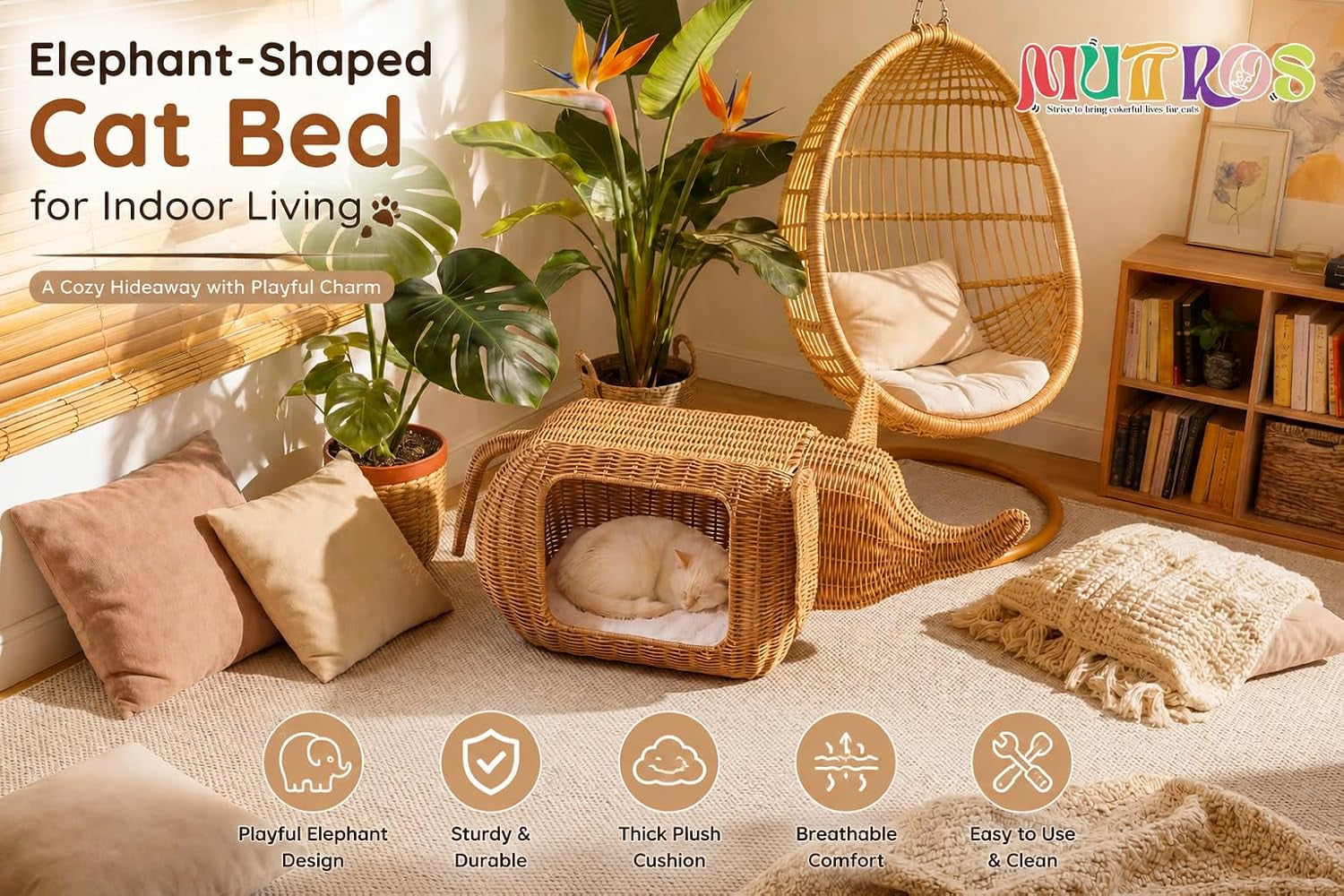 muttros-elephant-shaped-cat-condo-bed-for-indoor-cats-woven-cat-house-with-thick-plush-cushion-for-large-cats-and-kittens-sturdy-pet-hideaway-for-small-dogs-and-rabbits-35-x-12-x-13-inches