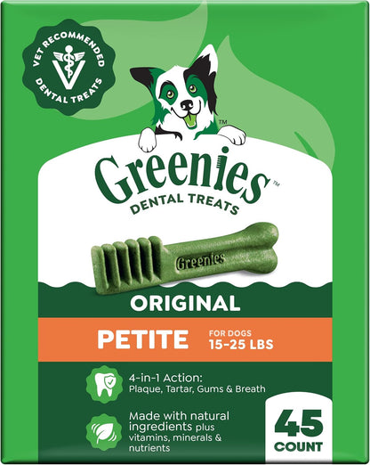 Greenies Petite Natural Dental Dog Treats, Original Flavor, 60 Count | Original Flavor, 47% Less Tartar, Freshens Breath, Natural Ingredients, Vitamins & Minerals, for Dogs 15-25 Lbs, 36 Oz. Pack15