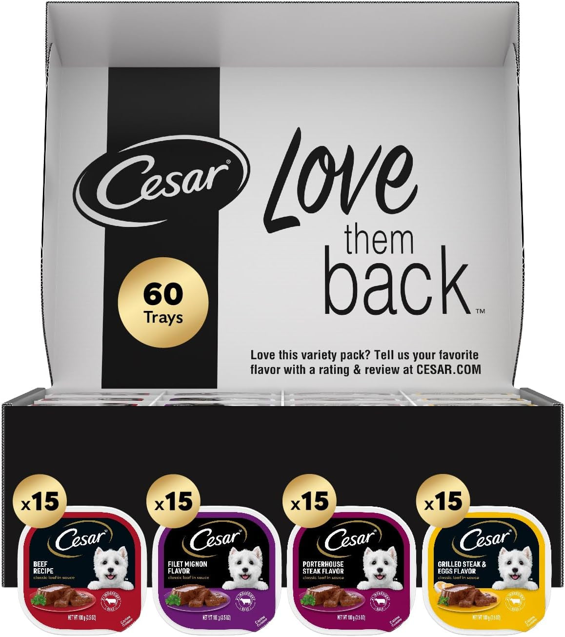 cesar-wet-dog-food-classic-loaf-in-sauce-grilled-chicken-filet-mignon-porterhouse-steak-beef-chicken-liver-and-turkey-variety-pack-3-5-oz-easy-peel-trays-36-count-pack-of-1-made-in-usa-real-meat-1-ingredient-no-fillers-or-artificial-flavors-formulated-without-grains-easy-peel-trays