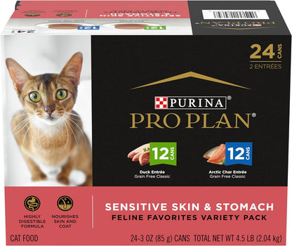 Purina Pro Plan Sensitive Skin and Stomach Wet Cat Food Variety Pack, Duck and Artic Char Entrees - (Pack of 24) 3 Oz. Cans1