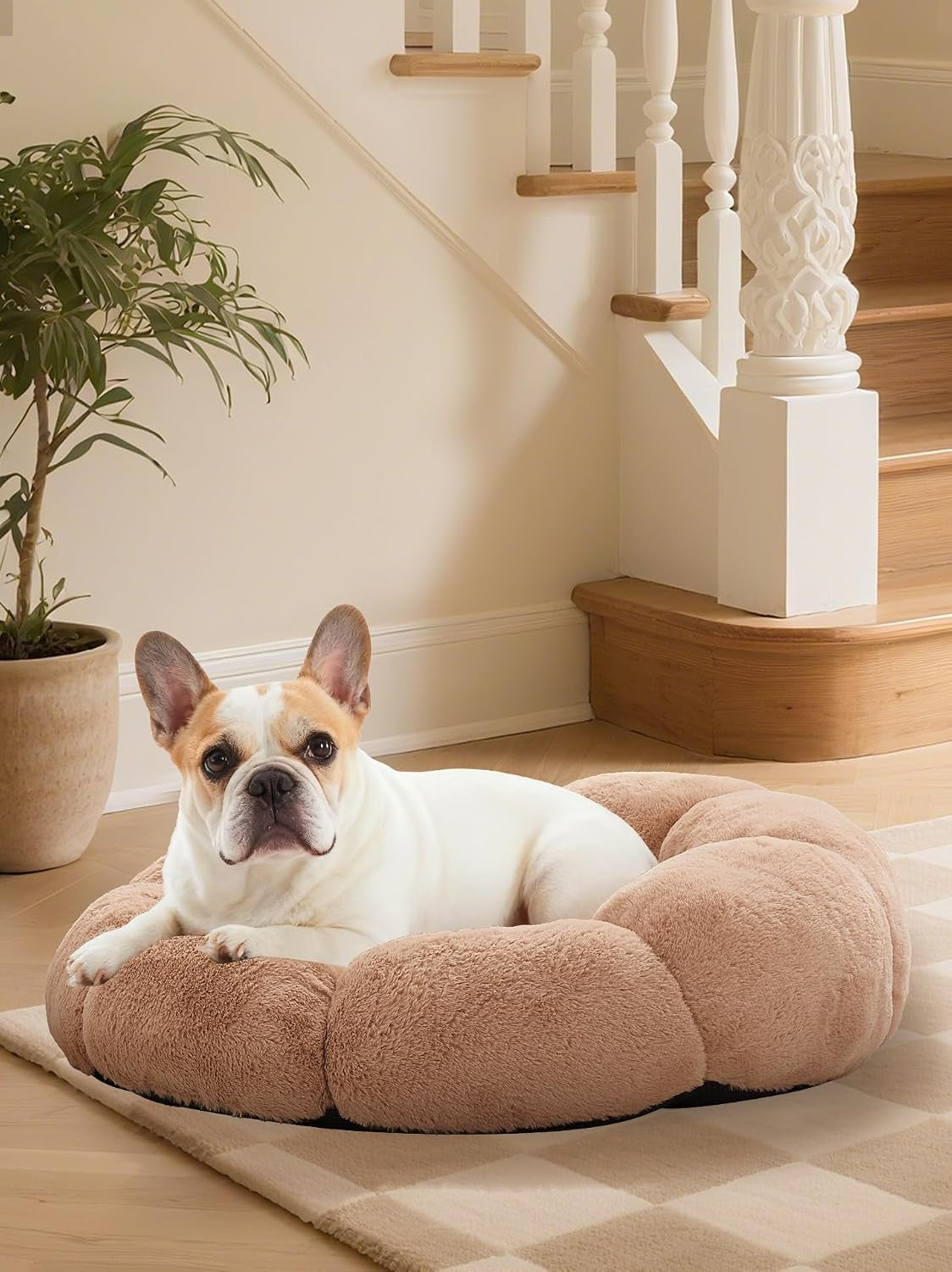 ohgeni-31-inches-calming-donut-orthopedic-dog-cat-bed-for-medium-pets-warming-comfort-fluffy-short-pile-fur-durable-waterproof-machine-washable-removable-cover-cute-round-bed-for-puppy-camel