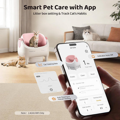 Thereye Self Cleaning Cat Litter Box, Open-Top Automatic Litter Box with APP Control, Safety Sensor and 10L Large Waste Bin, Smart Kitty Litter Boxes with Trash Bags and Mat for Multiple Cats2