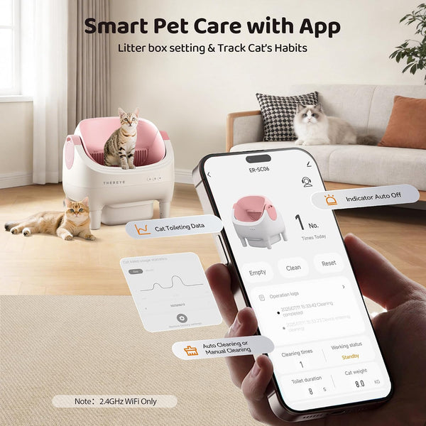 Thereye Self Cleaning Cat Litter Box, Open-Top Automatic Litter Box with APP Control, Safety Sensor and 10L Large Waste Bin, Smart Kitty Litter Boxes with Trash Bags and Mat for Multiple Cats2