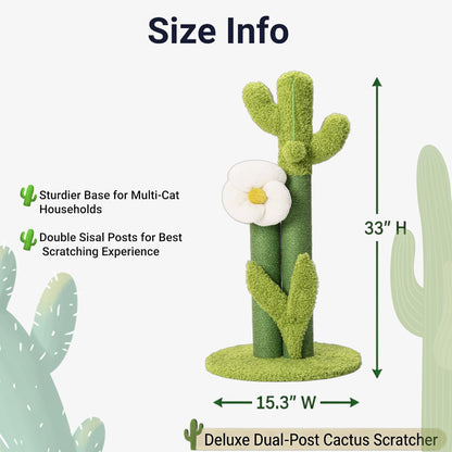 Happi N Pets 33" Tall Cactus Cat Scratching Post for Large Cats, Heavy Duty Double Scratch Posts with Flower & Crinkle Leaves, Cactus Cat Tree with 2 Bonus Toy & Catnip, Green Stable Scratching Post3