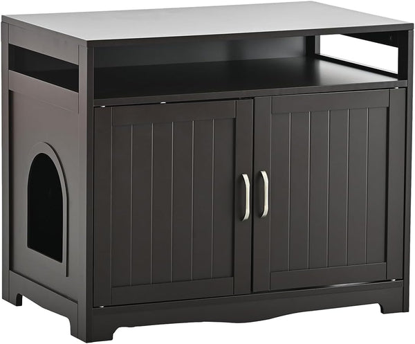 31.5" L Walnut Cat Litter Box Enclosure with Hidden Plug & 2 Doors, Indoor Large Cat Washroom Storage Bench Side Table1
