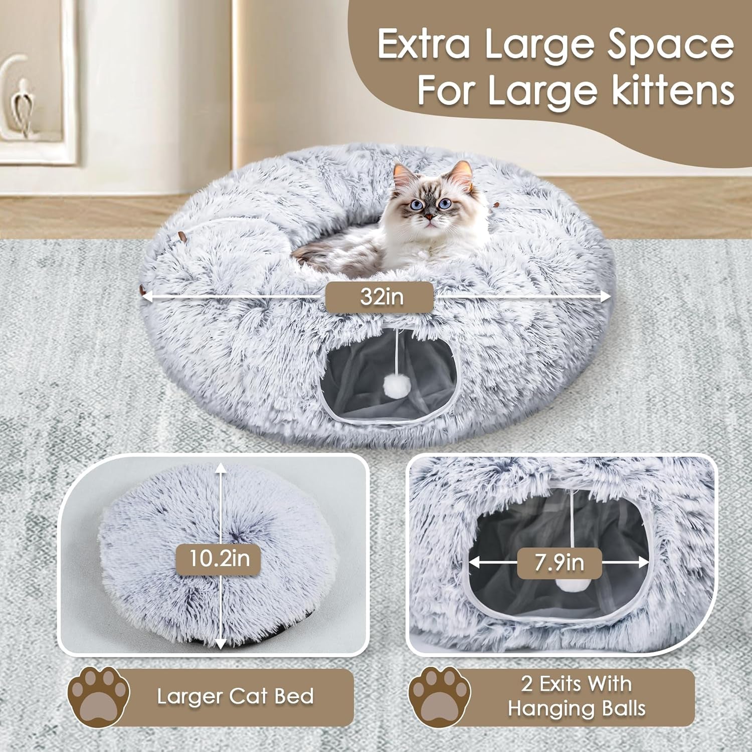 baseola-fuzzy-cat-tunnel-bed-for-indoor-cats-2-in-1-interactive-cat-toys-peekaboo-cat-cave-with-washable-mat-collapsible-cat-play-tunnel-for-kittens-small-pets-plush-cat-donut-bed-tunnel-grey