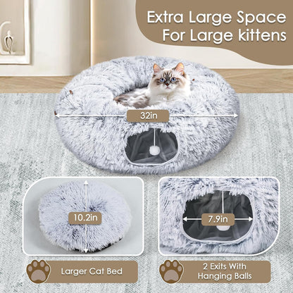 Baseola Fuzzy Cat Tunnel Bed for Indoor Cats, 2-In-1 Interactive Cat Toys | Peekaboo Cat Cave with Washable Mat, Collapsible Cat Play Tunnel for Kittens & Small Pets, Plush Cat Donut Bed Tunnel, Grey3