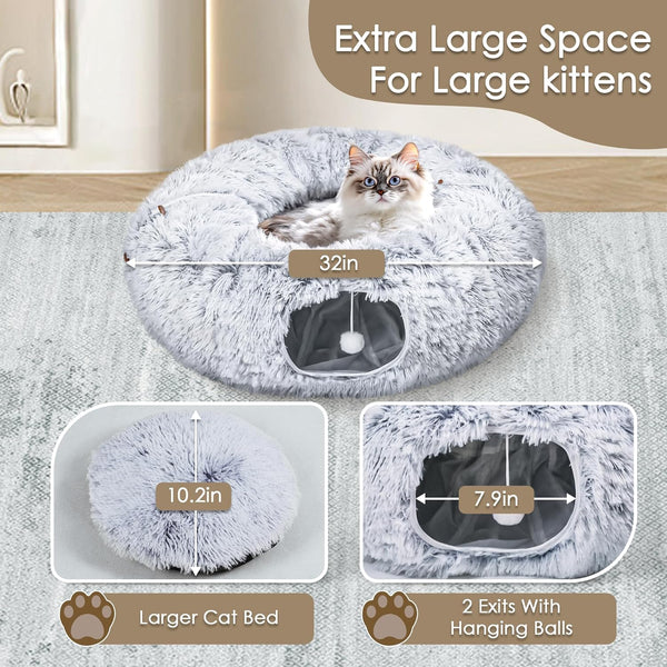 Baseola Fuzzy Cat Tunnel Bed for Indoor Cats, 2-In-1 Interactive Cat Toys | Peekaboo Cat Cave with Washable Mat, Collapsible Cat Play Tunnel for Kittens & Small Pets, Plush Cat Donut Bed Tunnel, Grey3