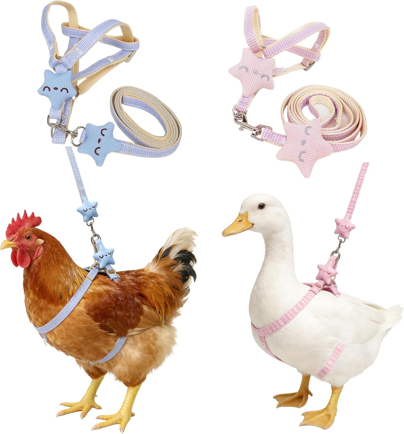 2pcs-adjustable-chicken-harness-and-leash-set-duck-harness-blue-pink-comfortable-duck-harness-and-leash-for-real-ducks-upgraded-easy-to-wear-chicken-vest-goose-traction-rope-with-cute-stars