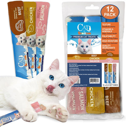 Scoochie Pet Cat Lick Treats, Chicken Salmon & Beef, 0.5Oz, 12 Pack | Variety Pack, Chicken, Salmon, Beef, Creamy Puree, No Chewing, Great for All Cats Especially Seniors1