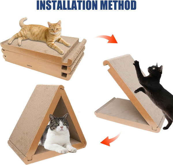 3 Pack Cardboard Cat Scratcher & Scratch Pad, Buildable Triangle Cat House W/ 6-Sided Use, Furniture Protection for Indoor Cats3