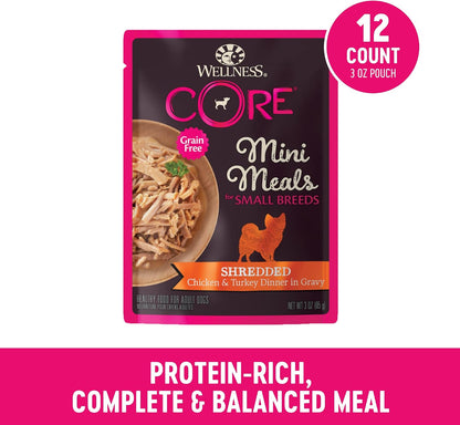 Wellness CORE Small Breed Mini Meals Shredded in Gravy Adult Wet Dog Food, Grain Free, Natural, Chicken and Turkey Dinner Recipe, 3 Oz, Pack of 12 Pouches2