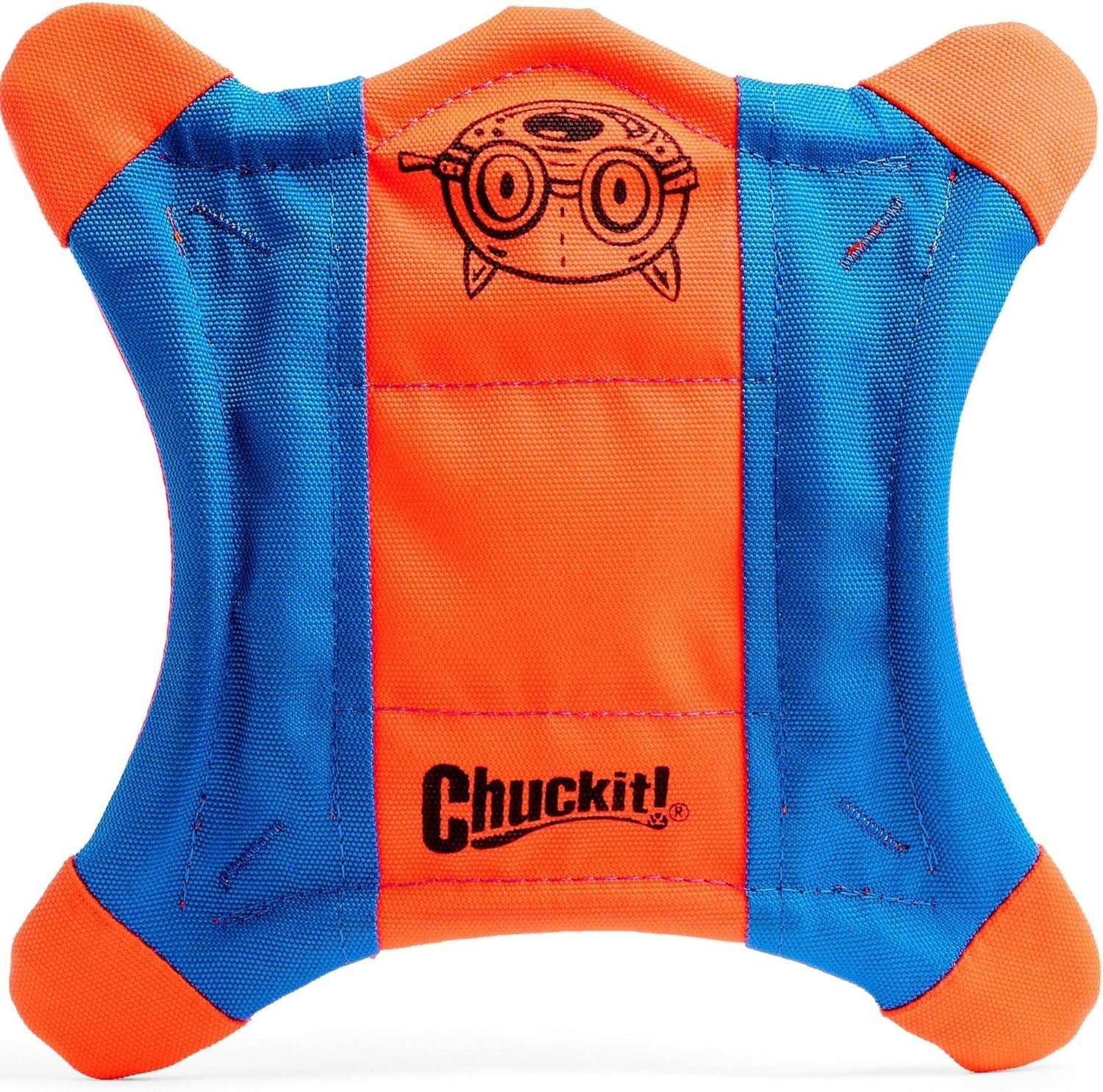 chuckit-flying-squirrel-fetch-dog-toy-water-floating-flyer-soft-and-durable-polyester-canvas-construction-for-large-dogs-size-large-11-inch-diameter-pack-of-1-orange-and-blue