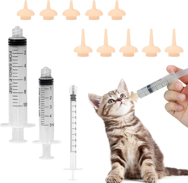 Pet Feeding Syringe with Nipple, Silicone Feeding Tools for Kitten Puppy Feeding Syringe for Newborn Cat Dog Small Animals Rabbits (5Ml+10Ml +10 Nipples)5