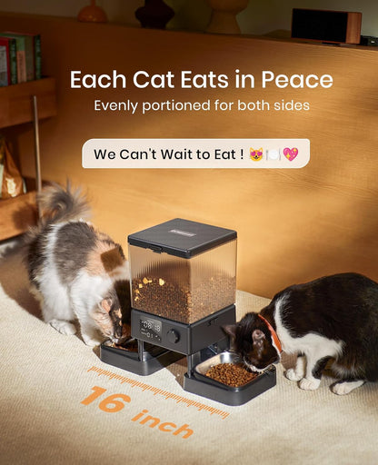 Oneisall Automatic Cat Feeder for 2 Cats Pets, Timed Cat Food Dispenser | 20 Cups/5L, Prevent Fighting, Precise Portion, Balanced Dispense, Non-Slip & Stable, Voice Recorder, Stainless Steel Bowls2